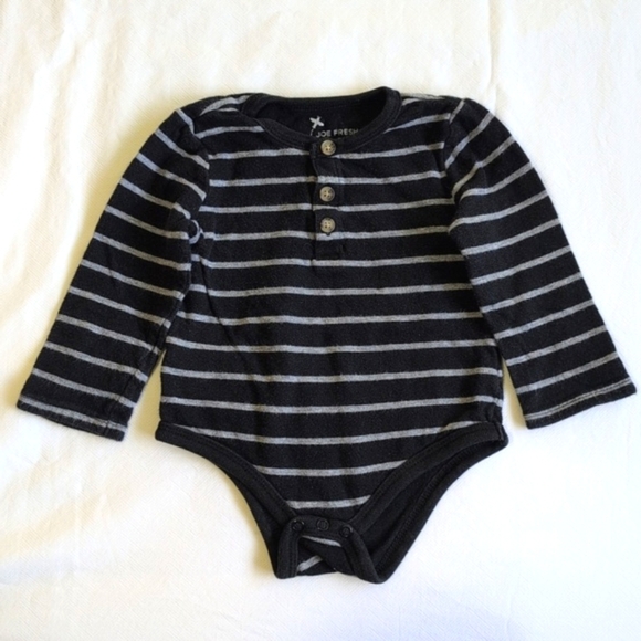 joe fresh black striped cotton henley long sleeve bodysuit diaper shirt 12 month - Picture 1 of 6